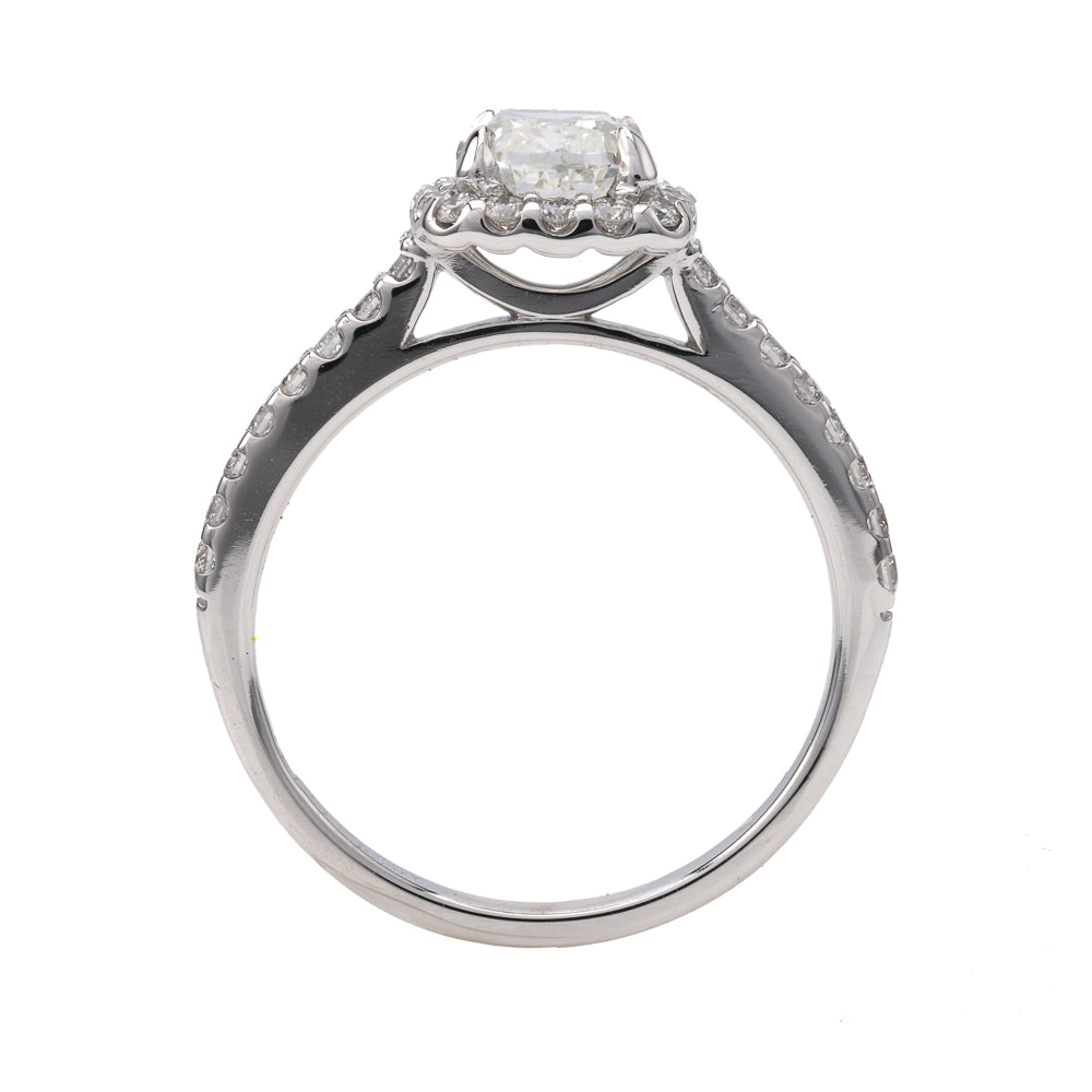 14K white gold diamond halo engagement ring.