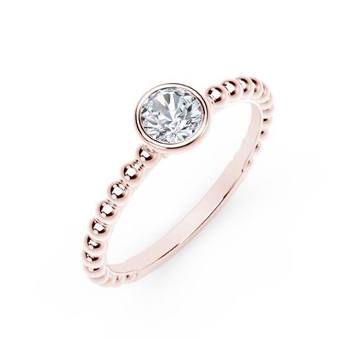 Rose gold ring with round diamond centerpiece.