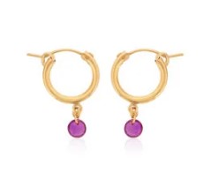 Gold hoop earrings with round ruby drops.