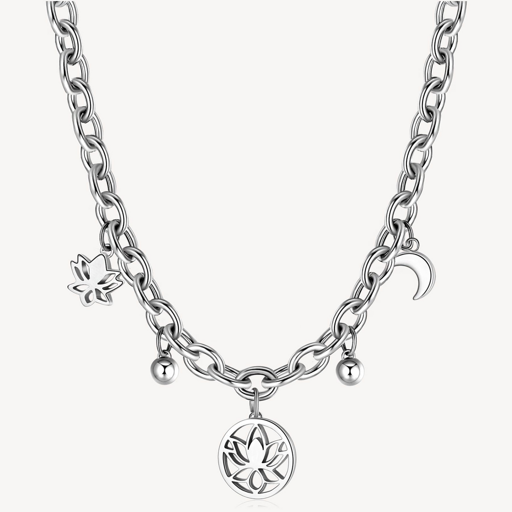 Stainless steel necklace with charms and pendants.