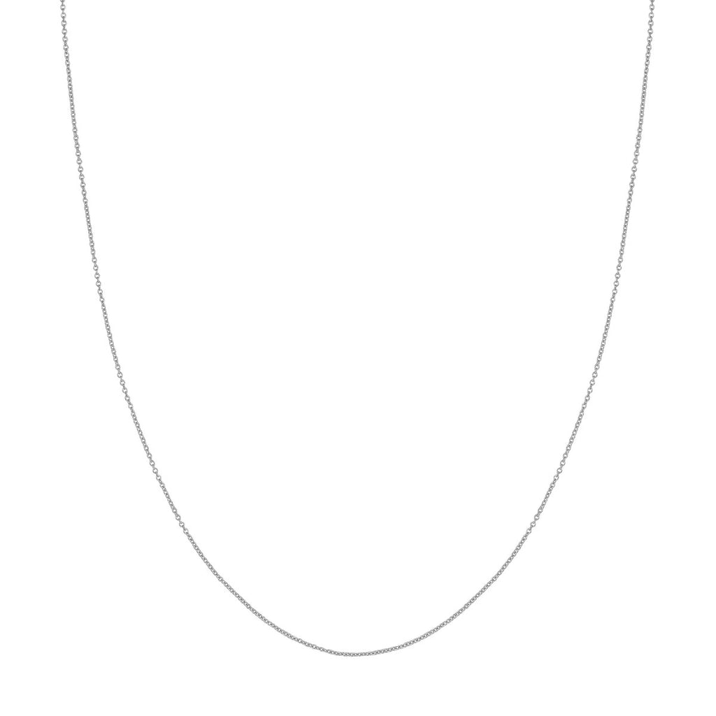 14K white gold polished cable chain.
