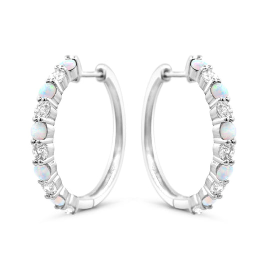 ReMARKable Designs Medium Hoop Lab Created Opal Color Gemstone Earrings in Sterling Silver White with 10 Lab Created Opals