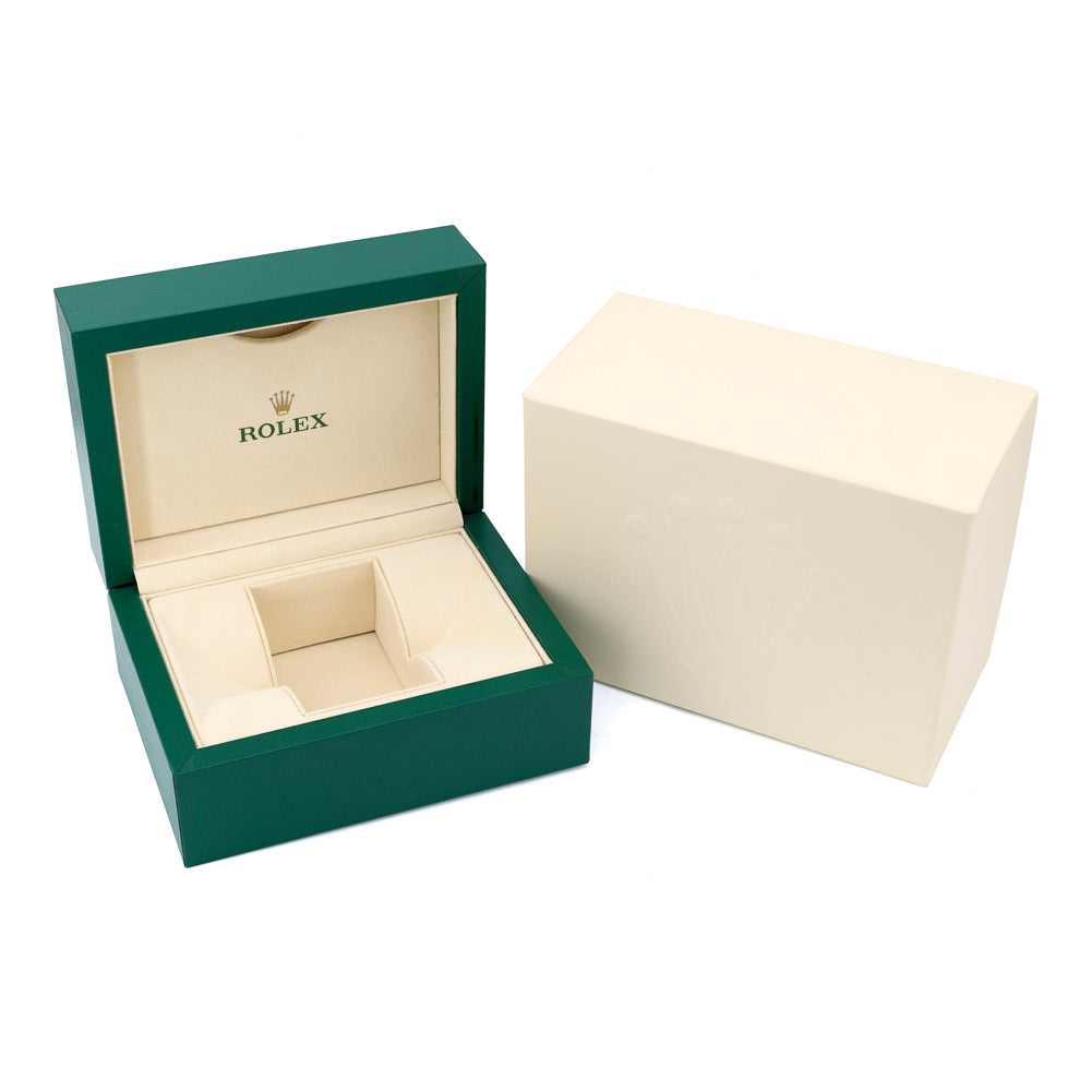 Green and beige watch box, open lid.