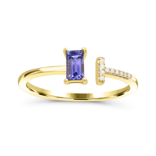 Baguette tanzanite ring with diamonds, yellow gold.