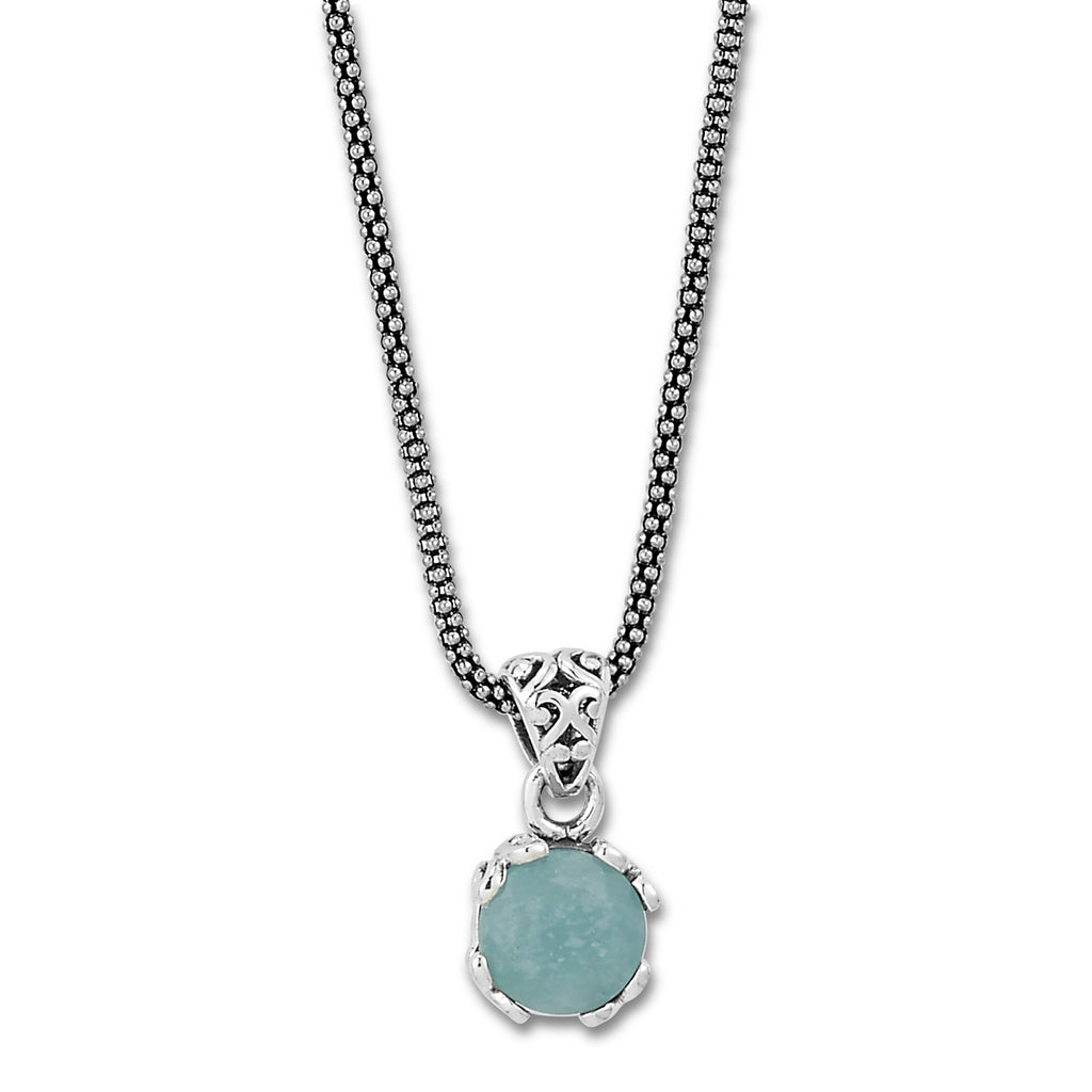 Pendant Color Gemstone Necklace in Sterling Silver White with 1 Round Aquamarine 7mm-7mm