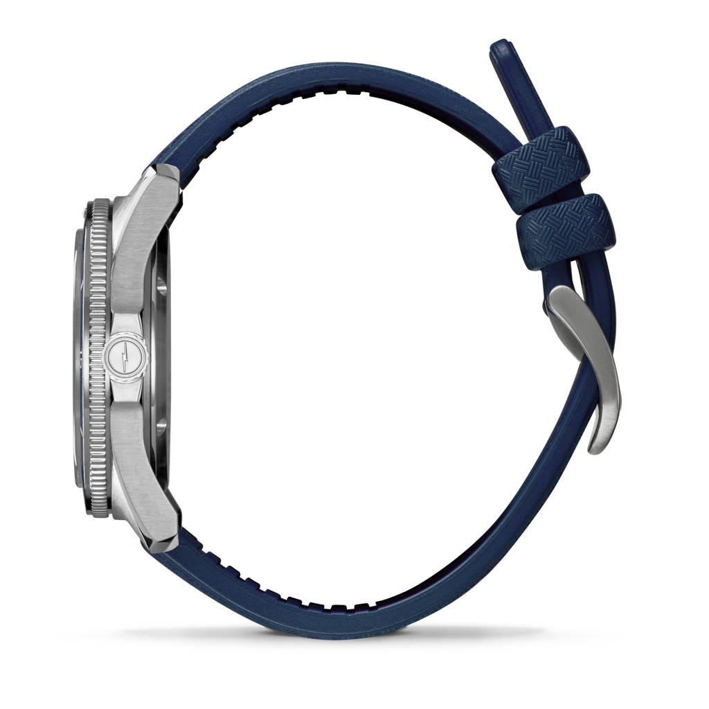 Stainless steel watch with blue rubber strap.