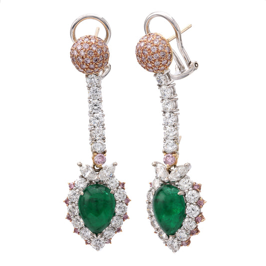 ReMARKable Estate M Estate Collection Dangle Color Gemstone Earrings in 18 Karat White - Rose with 2 Cabochon Very Strongly Bluish Green VS Emeralds 5.75ctw 11.7mm-11.7mm