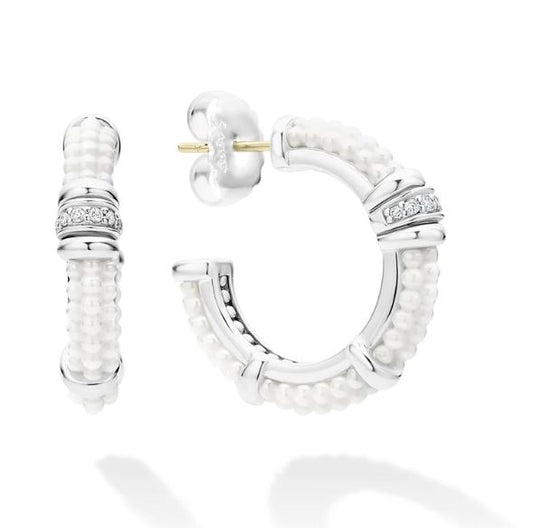 White Caviar Collection Small Hoop Natural Diamond Earrings in Sterling Silver - Ceramic White with 0.11ctw Round Diamonds