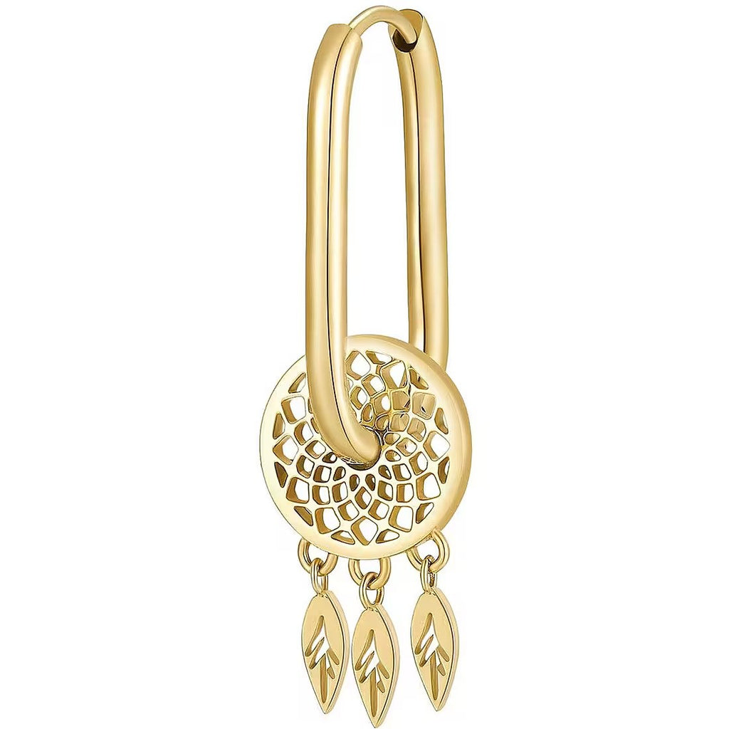 Yellow stainless steel dangle earrings with cutout design.