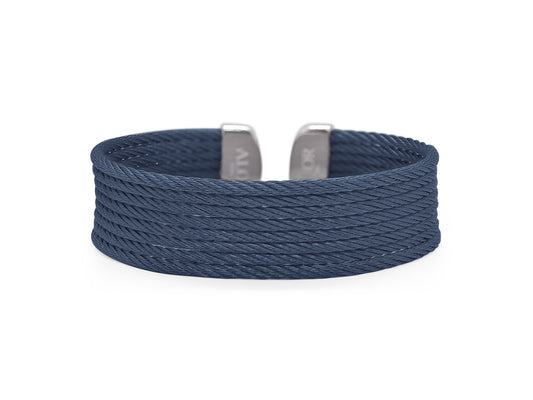Blue stainless steel cable cuff bracelet.