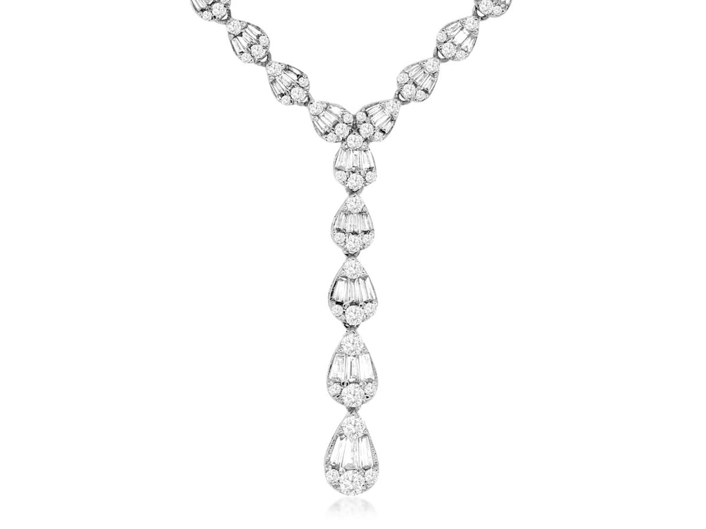 14K white gold diamond necklace, various shapes.