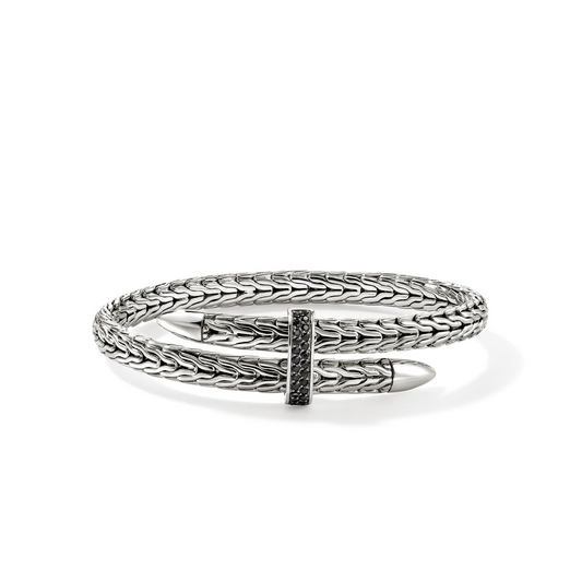 Flexible Bangle Color Gemstone Bracelet in Sterling Silver White with 26 Round Black Sapphires