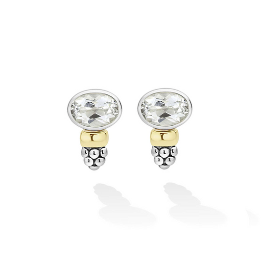Lagos Signature Caviar Collection Stud Color Gemstone Earrings in Sterling Silver - 14 Karat White - Yellow with 2 Oval White Topazes