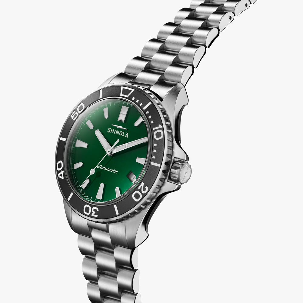 Shinola watch with green dial, stainless steel.