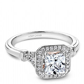 Halo Vintage Natural Diamond Semi-Mount Engagement Ring in 14 Karat White with 26 Round Diamonds, Color: G/H, Clarity: SI2, totaling 0.16ctw