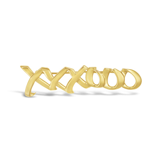 18K yellow gold XO bar pin design.