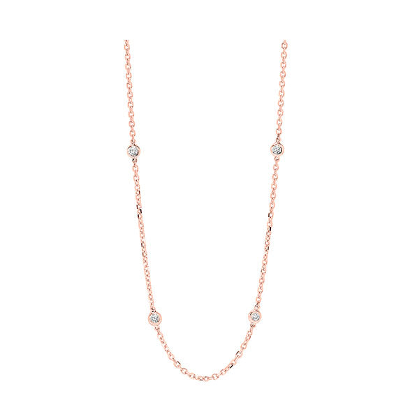 Rose gold necklace with round diamonds.