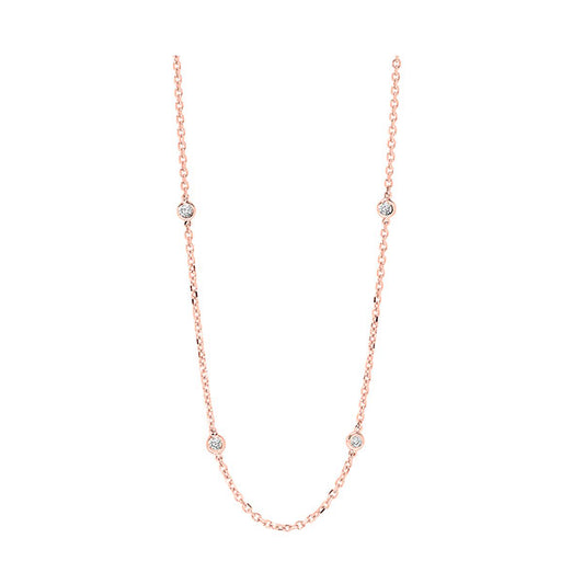 Rose gold necklace with round diamonds.