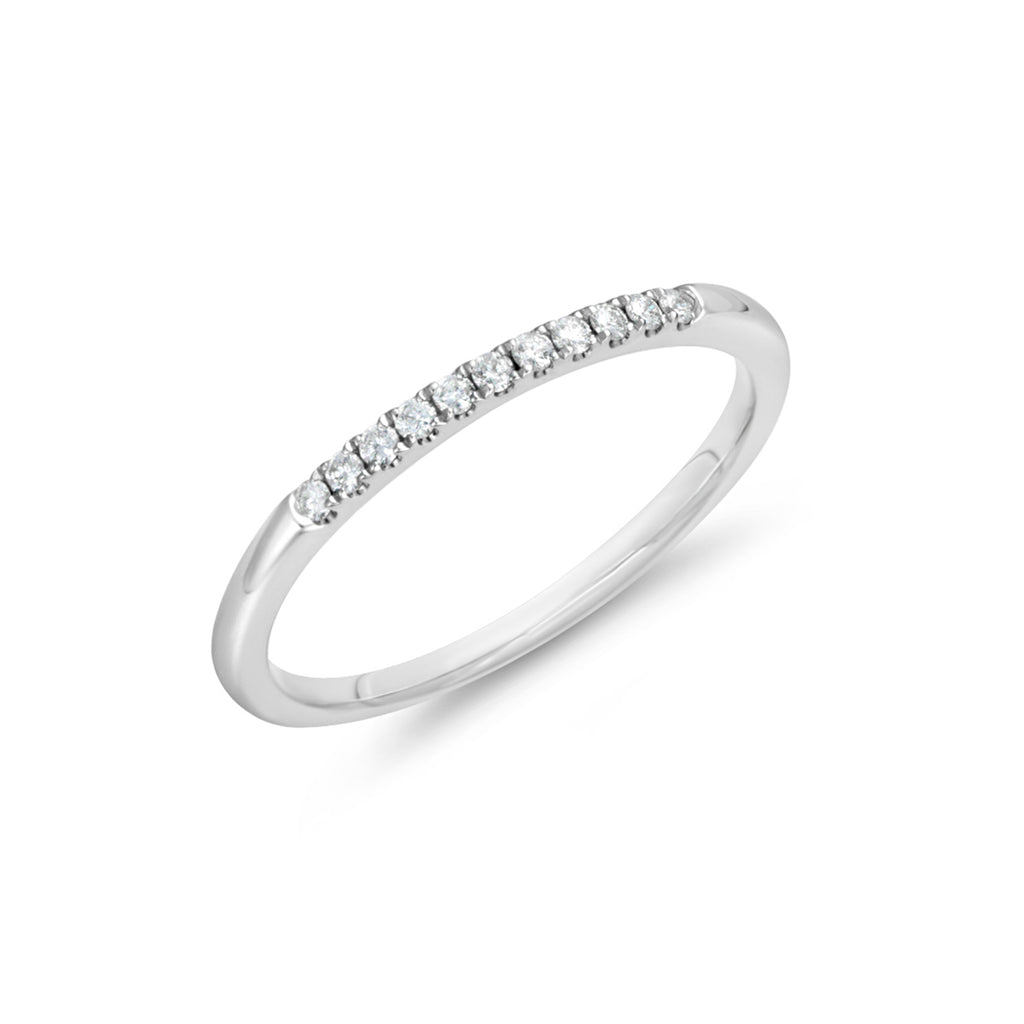 14K white gold band with round diamonds.