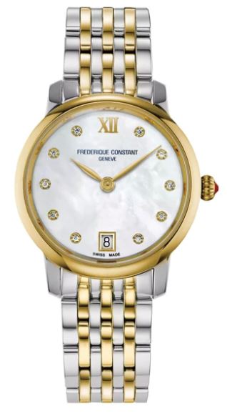 Gold and silver watch with diamond accents.