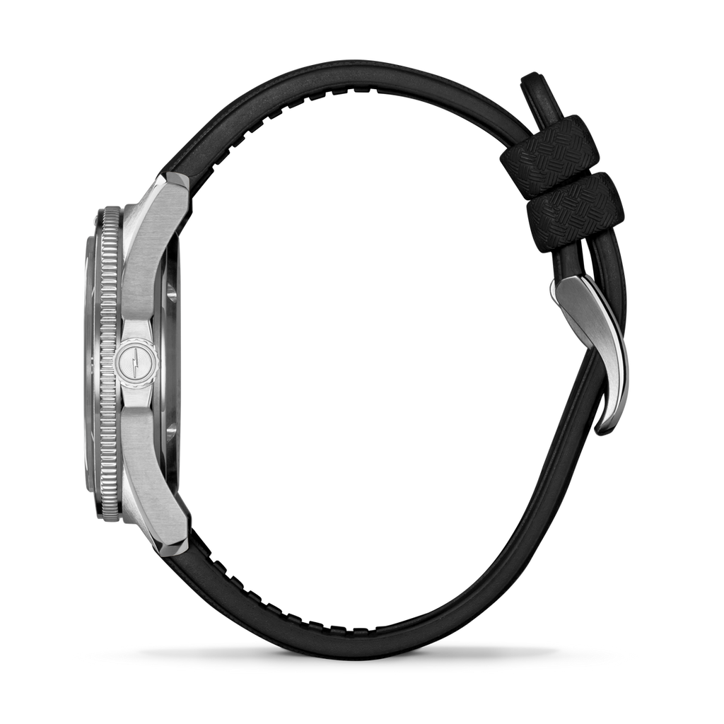 Stainless steel watch with black rubber band.