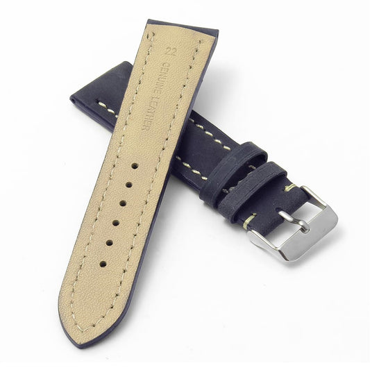 Blue leather watch band with tang buckle.