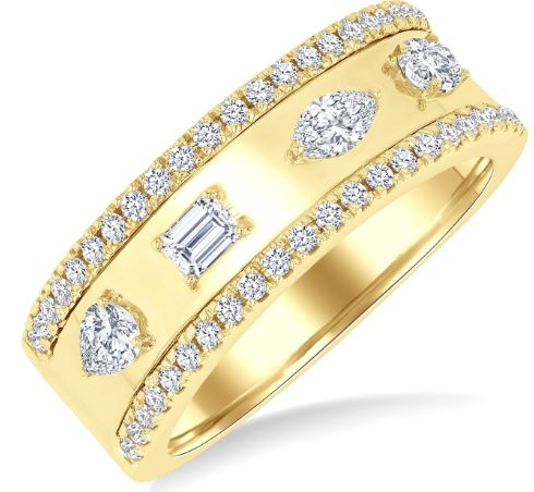 14K yellow gold ring with various diamonds.