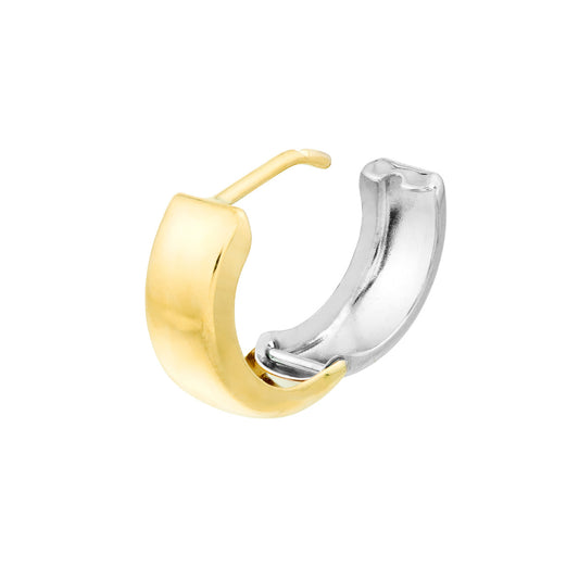 Two-tone gold huggie earring, hinged closure.