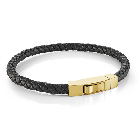 Braid Bracelet (No Stones) in Stainless Steel - Leather Black - Yellow