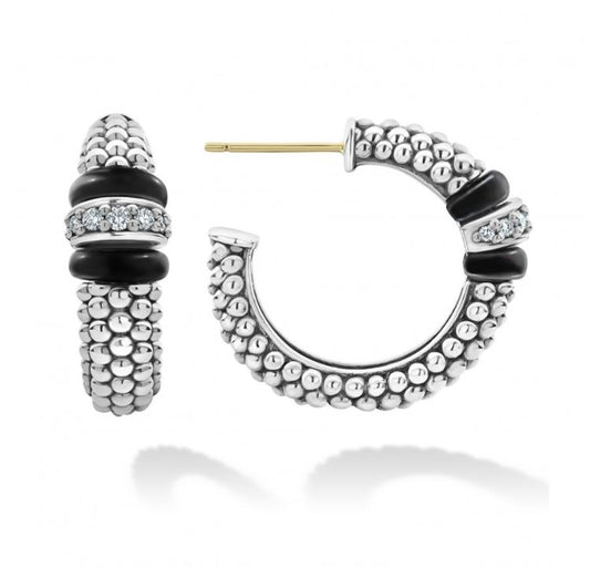 Black Caviar Collection Medium Hoop Earth Mined Diamond Earrings in Sterling Silver - Ceramic White - Black with 0.21ctw Round Diamond
