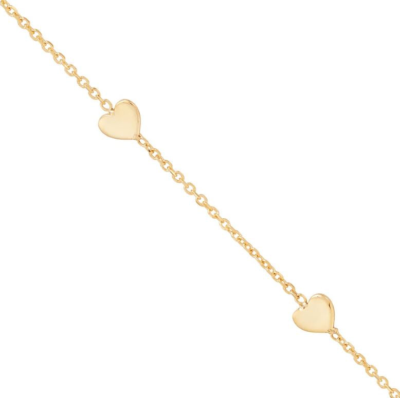 14K yellow gold necklace with heart accents.