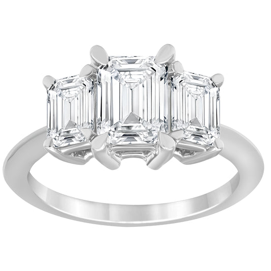 Three Stone Lab-Grown Diamond Complete Engagement Ring in 14 Karat White with 3.09ctw G VS2 Emerald Lab Grown Diamond