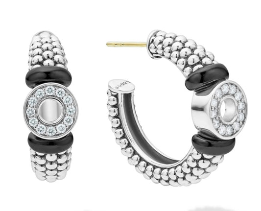 Black Caviar Collection Small Hoop Natural Diamond Earrings in Sterling Silver White - Black with 0.30ctw Round Diamond