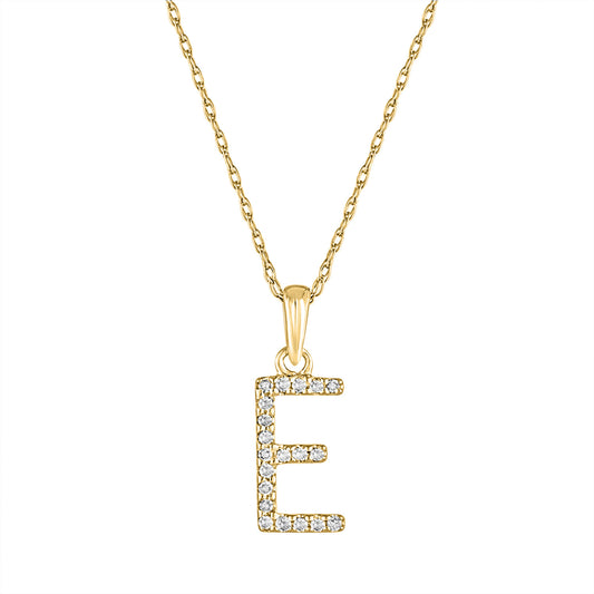 Diamond "E" pendant on yellow gold chain.