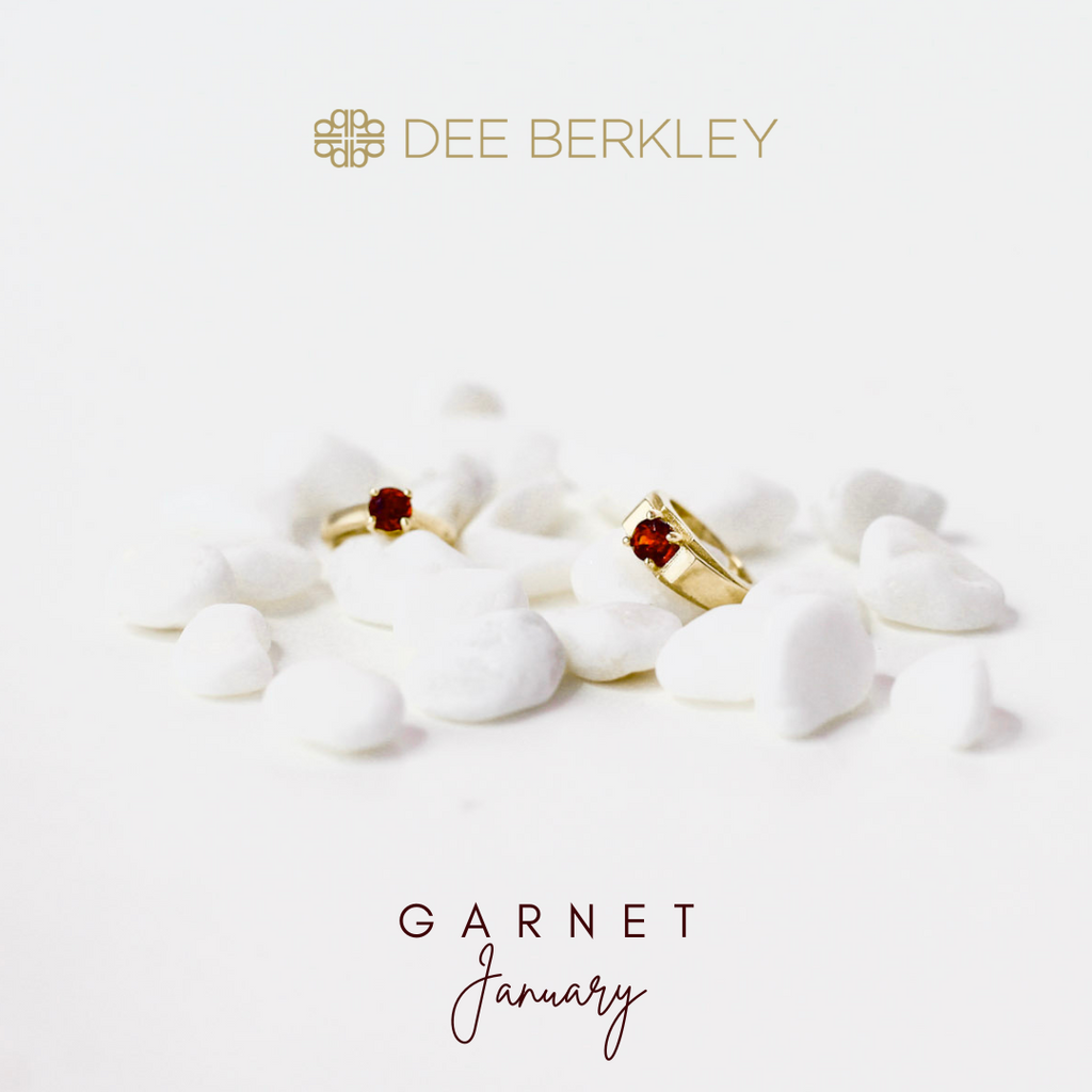 Garnet charm in yellow gold setting.