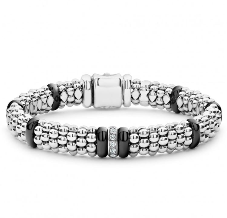 Black Caviar Collection Natural Diamond Bracelet in Sterling Silver - Ceramic White - Black with 0.11ctw G/H SI1 Round Diamond