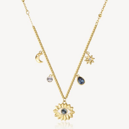 Station Color Gemstone Necklace in Stainless Steel Yellow with 2 Various Shapes Blue Crystals