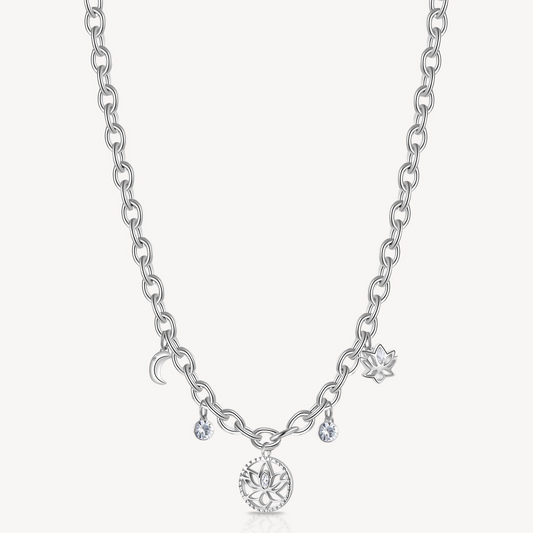 Stainless steel necklace with charms and gems.