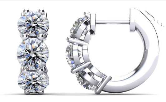 14K white gold earrings, round diamonds, hinged closure.