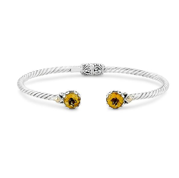 Bangle Color Gemstone Bracelet in Sterling Silver - 18 Karat White - Yellow with 2 Round Citrines 7mm