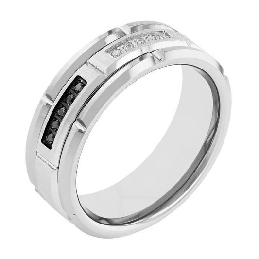Tungsten carbide ring with round diamonds.