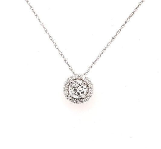Diamond necklace with round pendant in white gold.