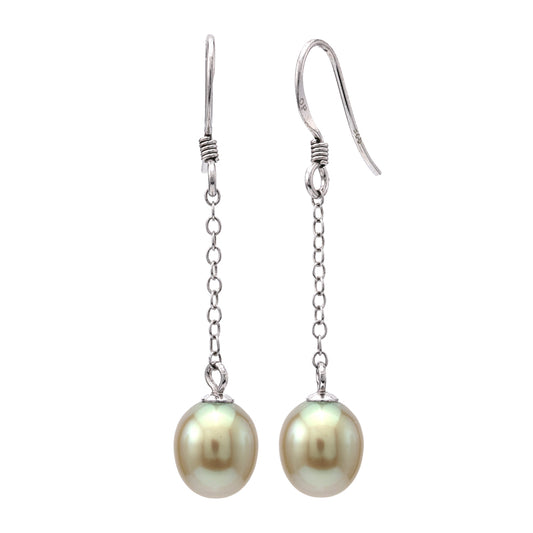Sterling silver dangle earrings with Akoya pearls.
