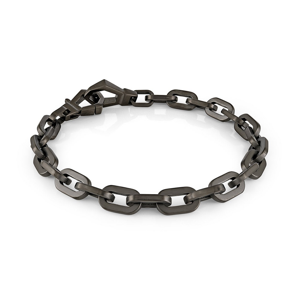 Dark grey stainless steel oval link bracelet.