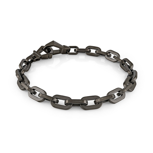 Dark grey stainless steel oval link bracelet.