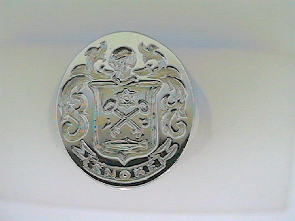 White gold ring with engraved family crest.