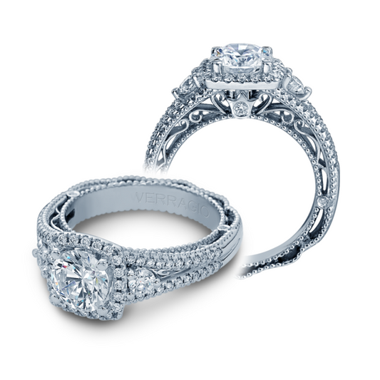 Venetian Collection Halo 3-Stone Mined Diamond Engagement Ring in 18 Karat White with 0.55ctw F/G VS2 Rose Cut Diamonds