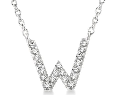 Diamond initial "W" necklace, white gold, cable chain.