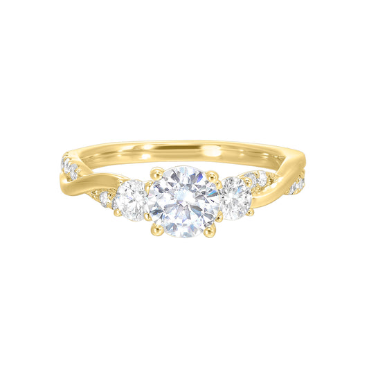 Marks 89 Three Stone Natural Diamond Semi-Mount Engagement Ring in 14 Karat Yellow with 14 Round Diamonds, totaling 0.48ctw