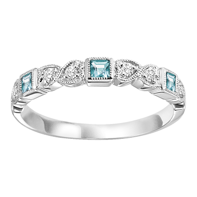 10K white gold band with aquamarines, diamonds.